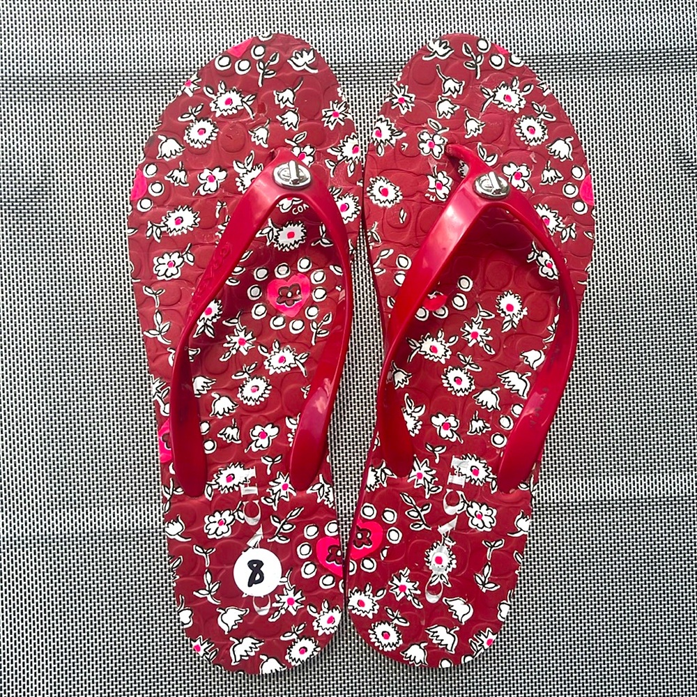Coach Womens COACH Abbigail Floral Turnlock Flip Flop Sandals Red White size 8